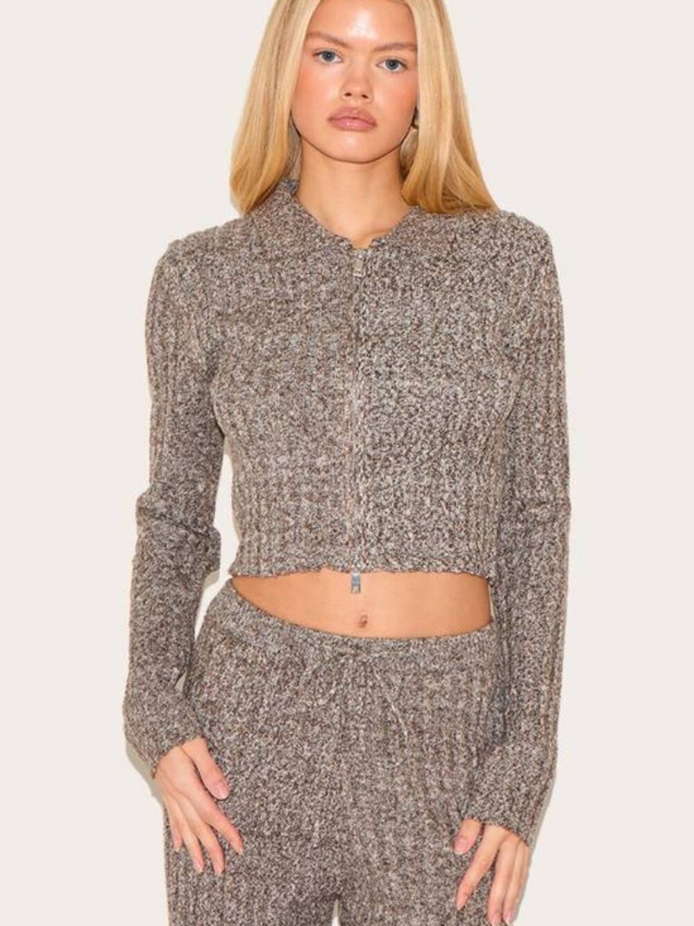 PrettyLittleThing Chocolate Marl Knit Zip Top & Tie Pants Set - S
